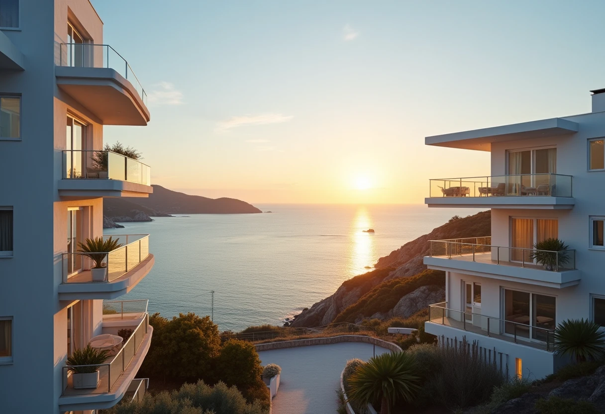 Apartamentos costeros al atardecer