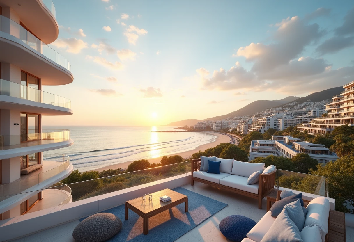 Coastal city skyline with apartments